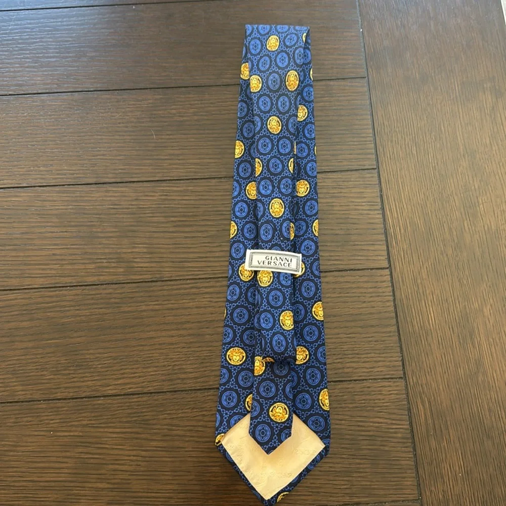 Gianni Versace Vintage Blue with Gold Medusa Print Silk Tie